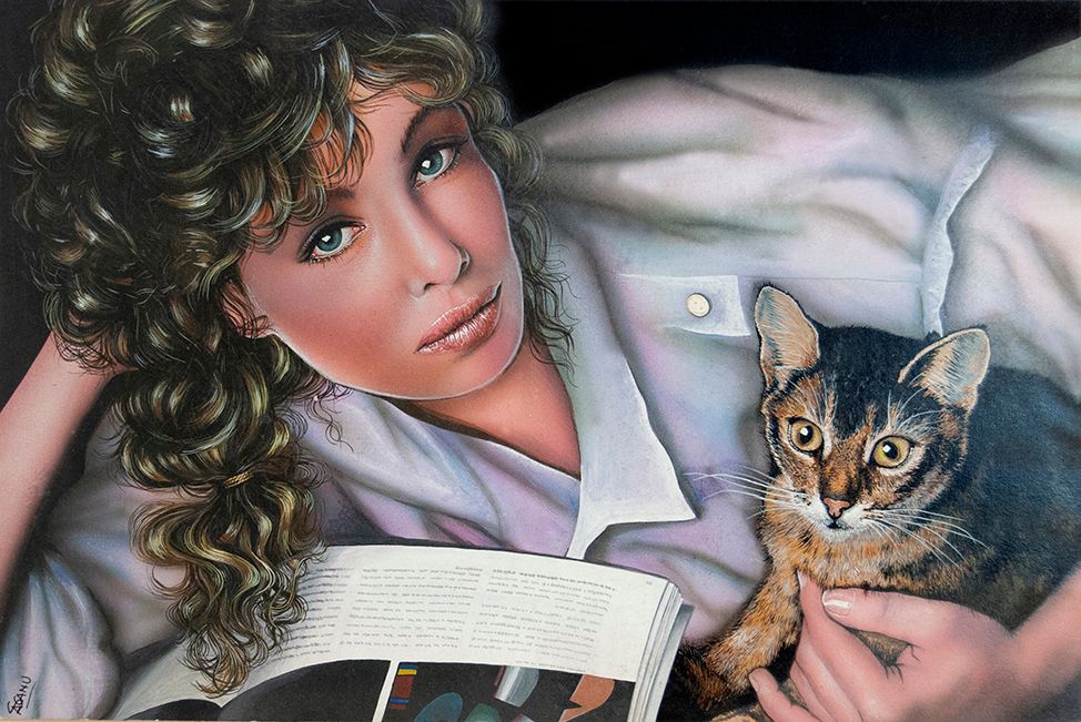 Hyper realistic painting. Woman looking at front, laid sideways supported on its right elbow. Holds a cat with its left arm and has an open book underneath her.