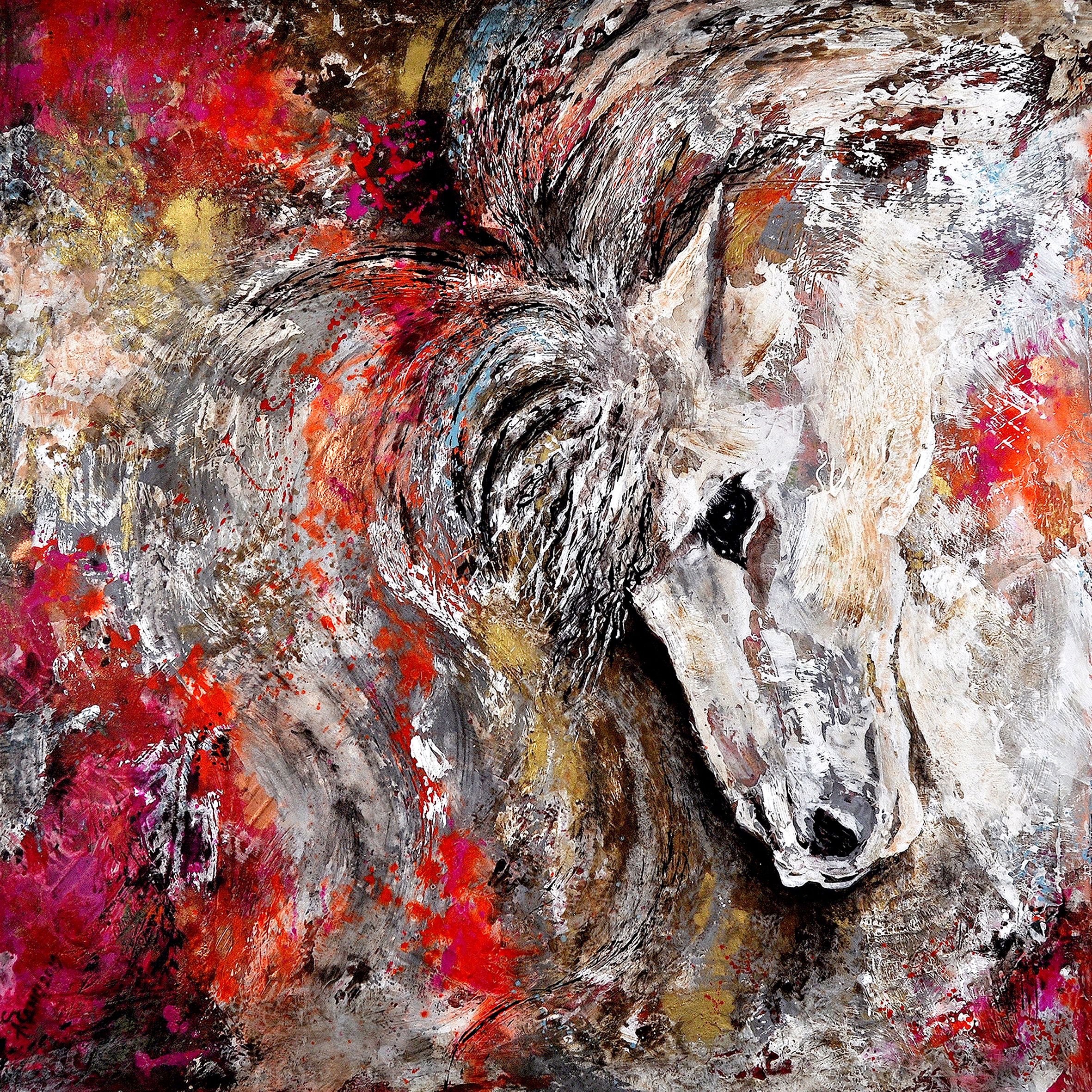 Por fin libre. 1 x 1 metros. Técnica mixta sobre tabla y pan de oro. Pìntura de un caballo blanco con detalles grises en la crin, y zonas con colores rojos a lo largo de la pintura.
