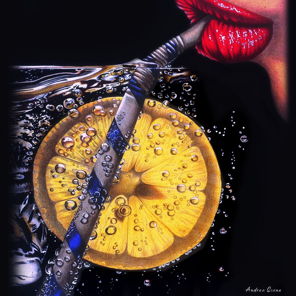 Hyperrealistic painting. Rectangular. In the top right corner there is a face fr
om a side view with thick red lips drinking lemonade with a straw. The lemon in the water occupies the rest of the painting.
