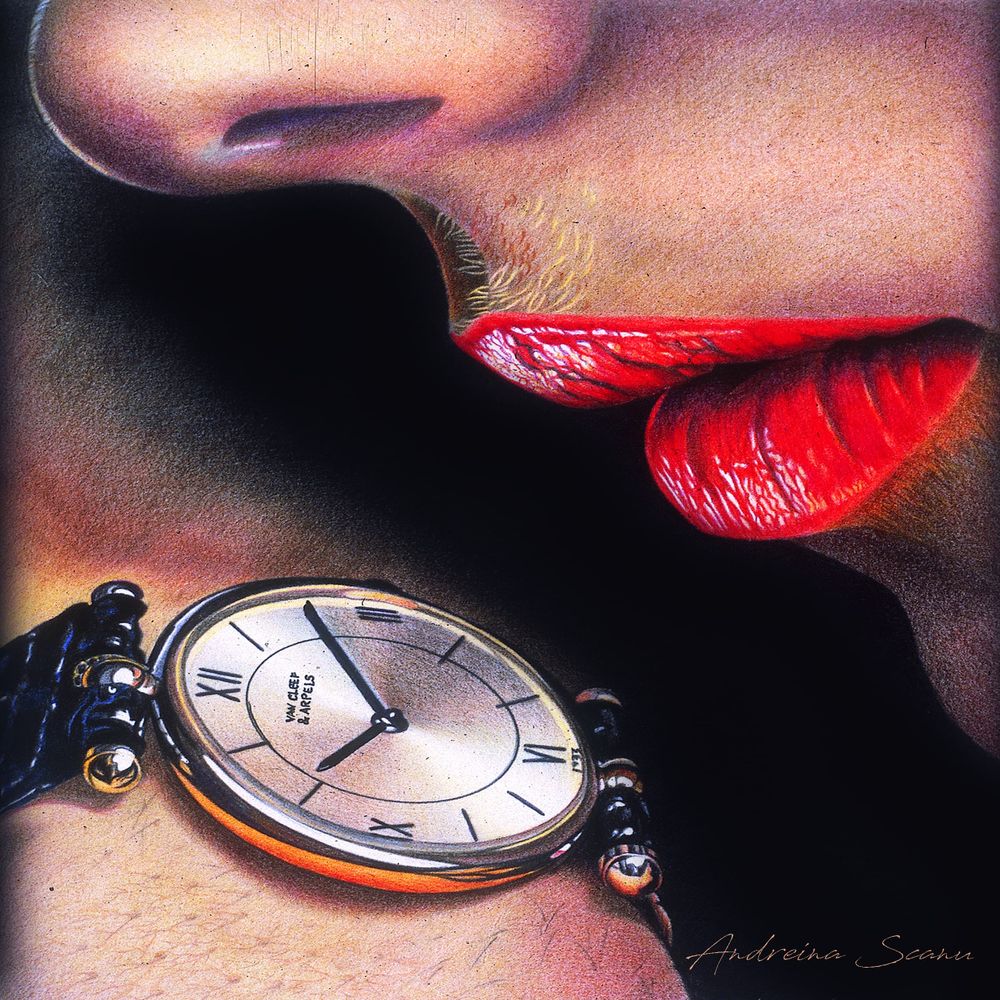 Hyperrealistic painting. Rectangular. At the top right side there is a face in a side view, where you can only see the mouth and nose of it. The lips are painted red. At the bottom left side there is an arm showing the wrist with a watch.