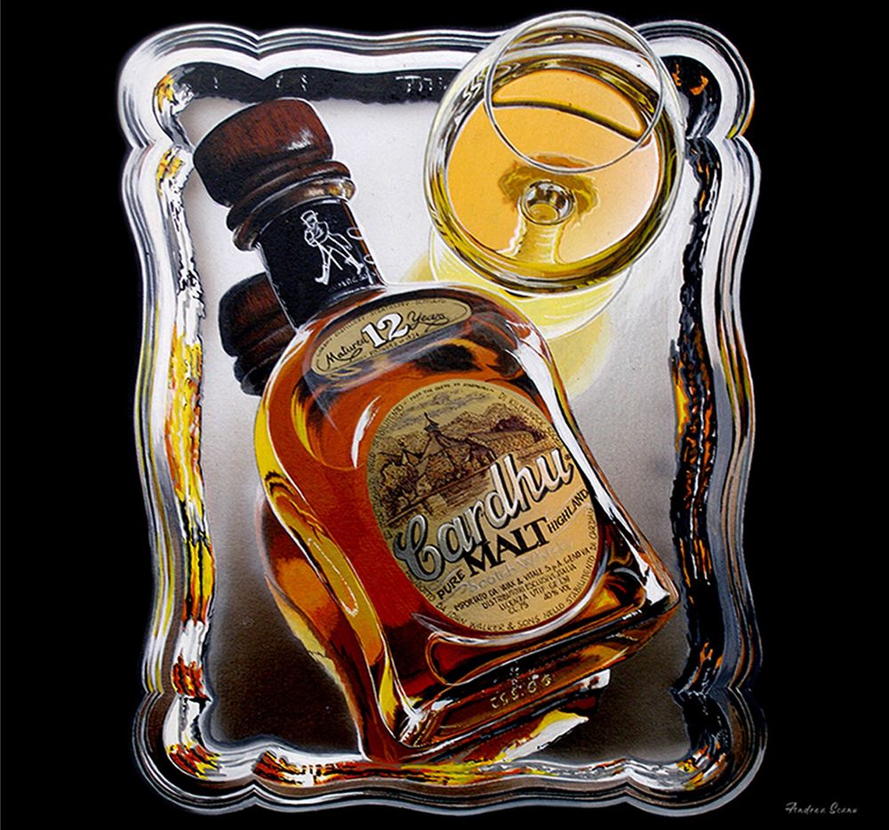 Hyper Realistic painting. Rectangular. Silver tray that holds a glass half filled of the liquid that the bottle contains. The bottle is also on top of the tray laid sideways and contains Cardhu.