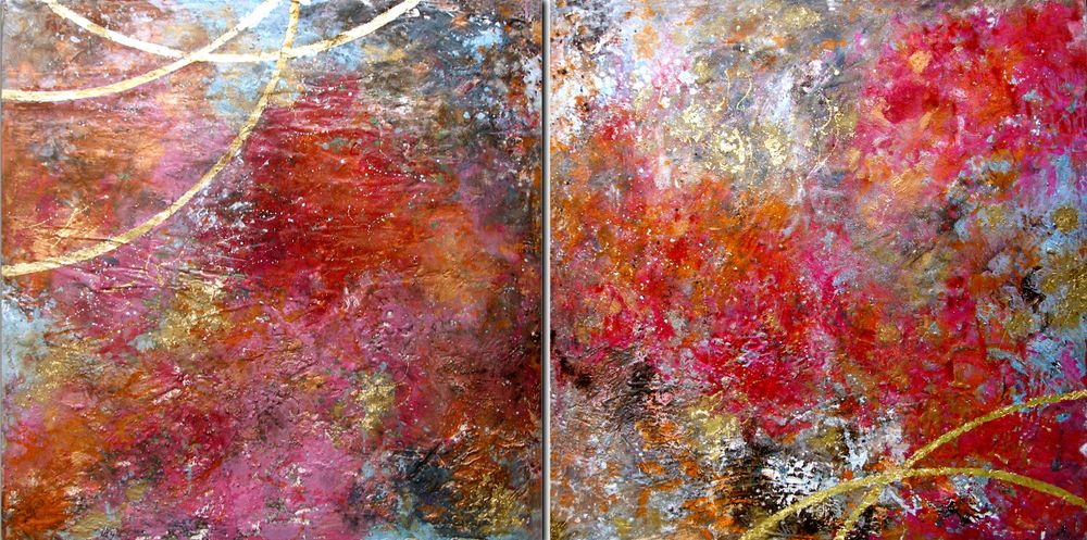The dance of fire. 1 x 2 meters. Diptych - Mixed technique on panel and gold leaf. Painting that represents the dance of creatures around a fire.