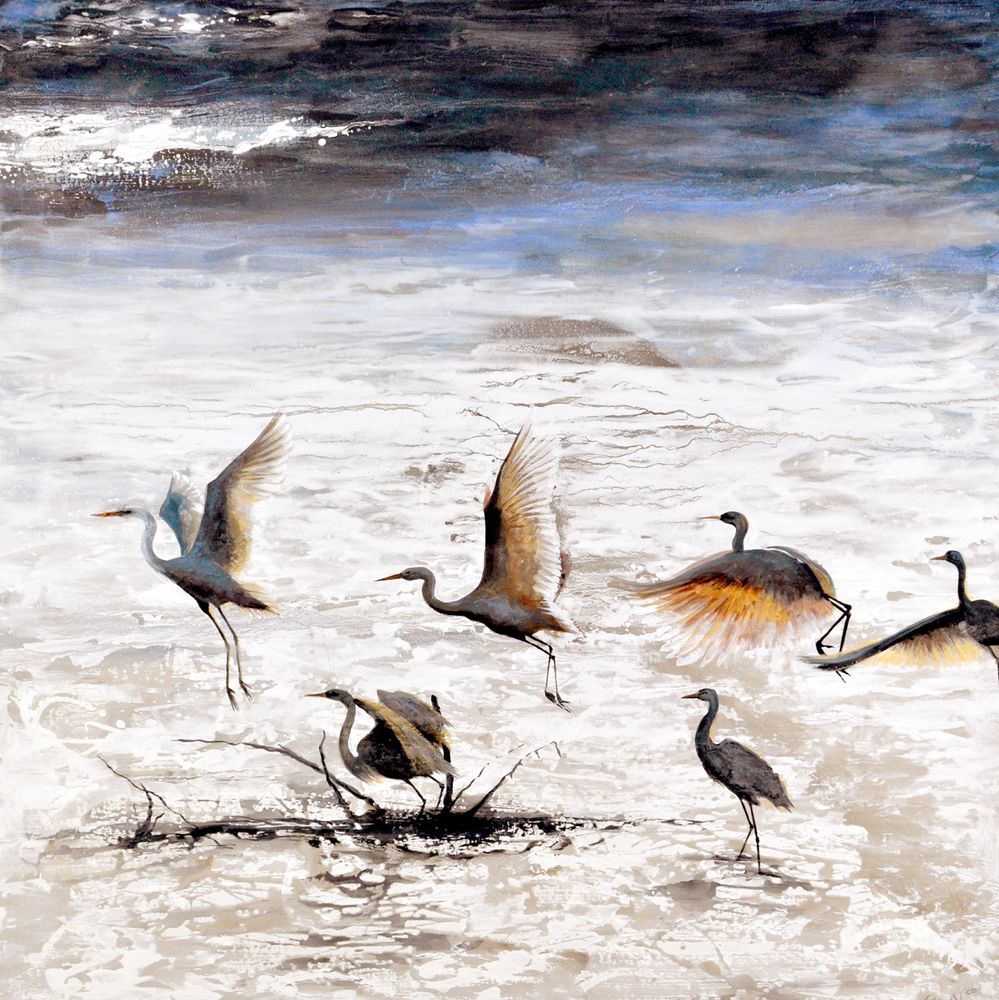 Royal herons. 1 x 1 meters. Mixed technique on panel. Painting of herons in a pile of water. It is not clear if it's a river or sea, but four of them are taking off and the rest are standing at the shore.