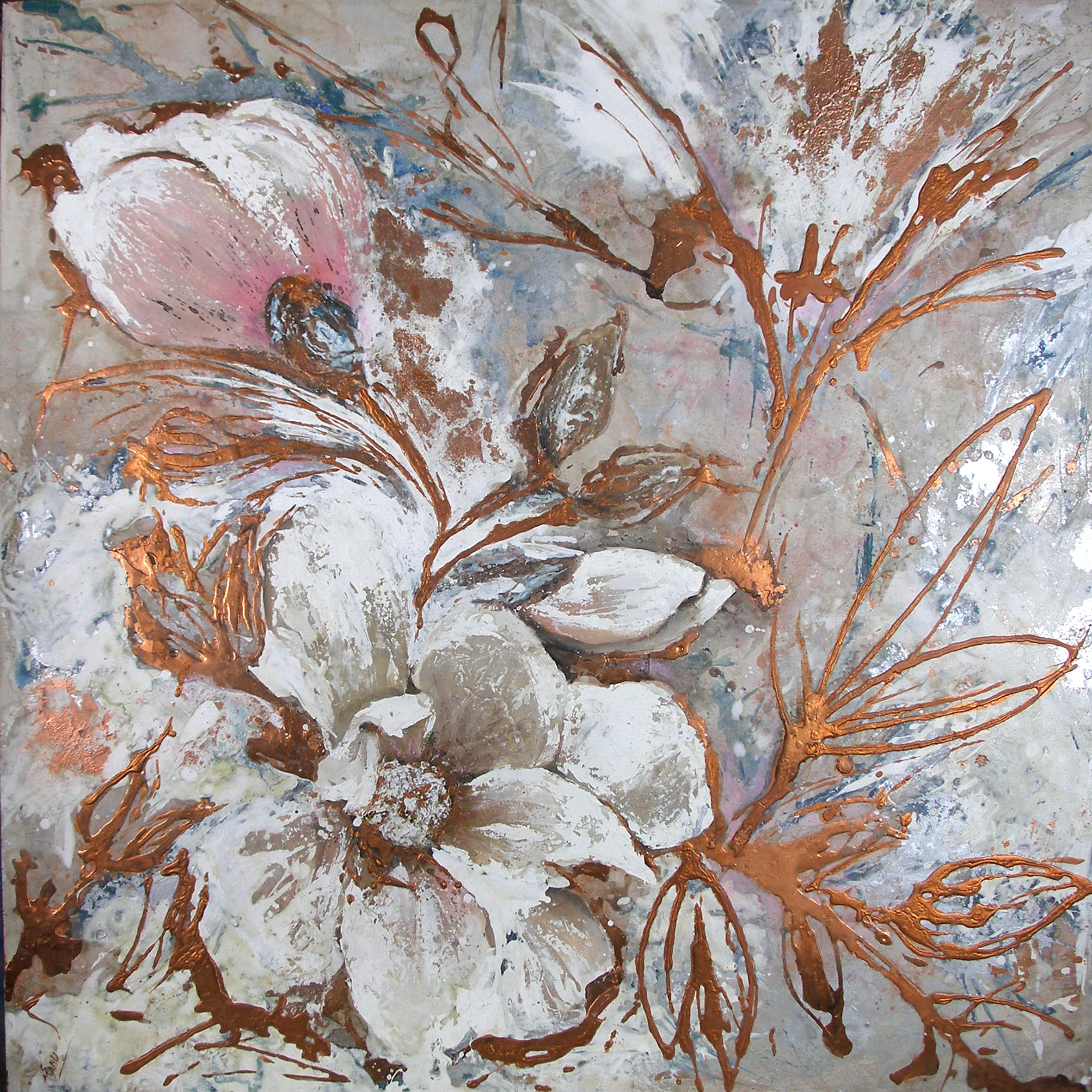 Magnolia. 1 x 1 m. Técnica mixta sobre tabla. Pintura de una magnolia (flor), usando tonos blancos acercandose a rosas en ciertos puntos.
