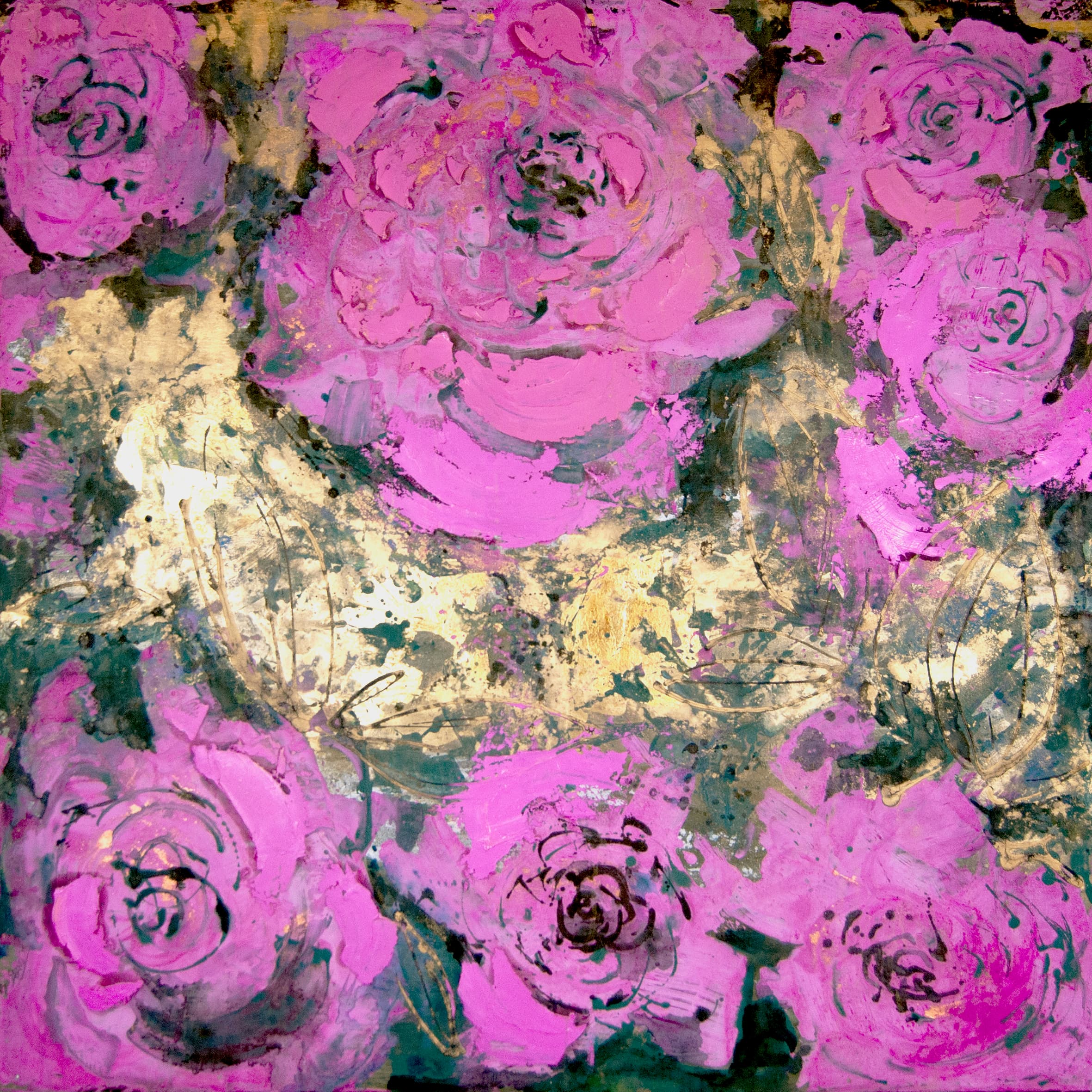 Rosas rosa. 1 x 1 metros. - Técnica mixta sobre tabla. Pintura de rosas rosa desde un punto de vista cenital y se puede ver entre las rosas campo de color dorado amarillento con pizcas de color verde.